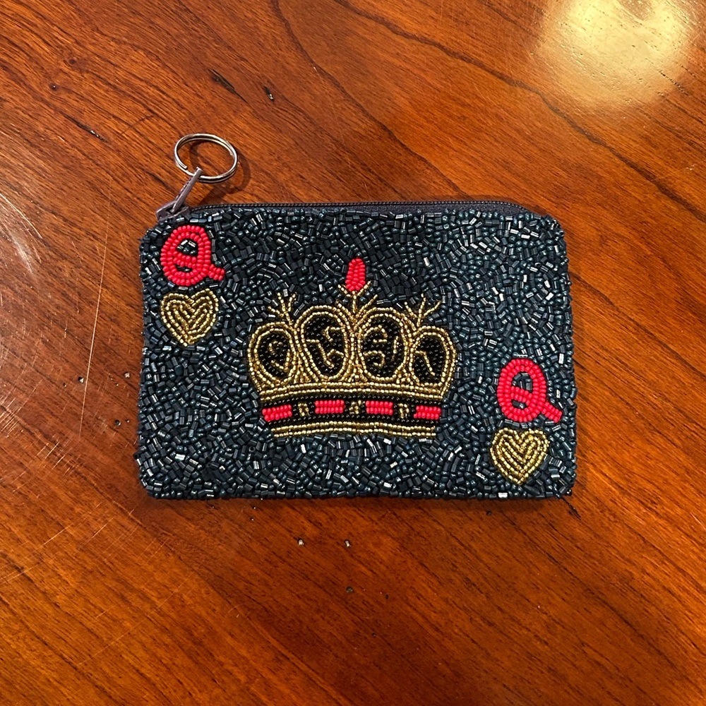Tiana NY Crown Queen of Hearts Navy Blue Beaded Coin Purse Pouch